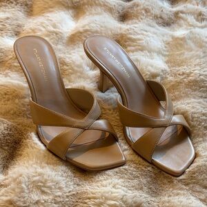 Stuart Weitzman Beige/Tan Crisscross Leather Mule Sandals
